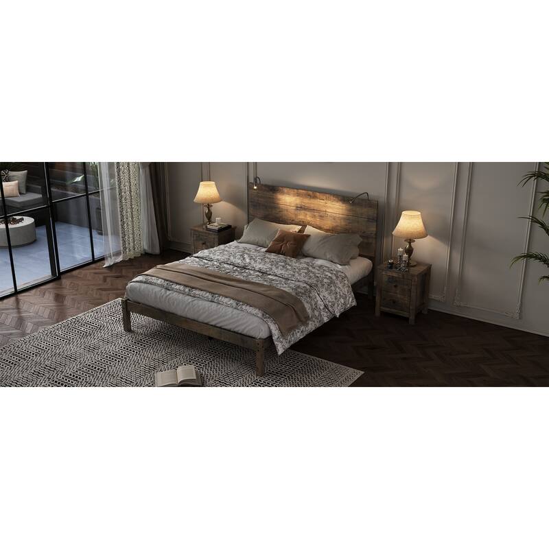 Queen Rustic Wood Platform Bed with Built-In Bedside Lights