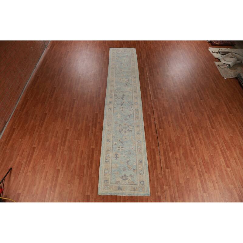 Hand Knotted Oriental 100% Wool Carpet Transitional Floral Navy Blue & Blues Oushak Runner Rug - 17' 2'' X 3' 4''