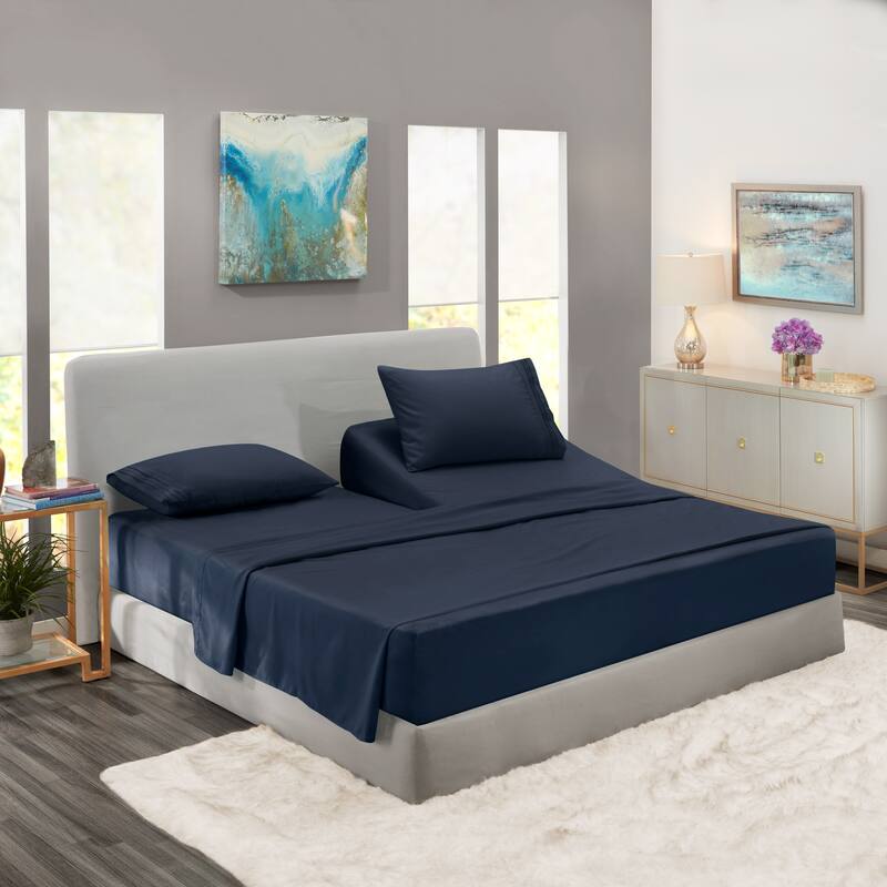 Empyrean Hotel Luxury 6 Piece Sheet Set - Super Soft Bedding Sheets & Pillowcases - Flex Top King - Navy Blue