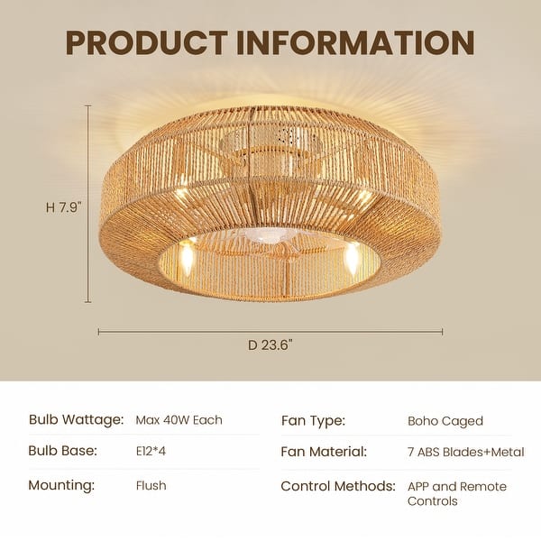 dimension image slide 3 of 4, Boho Smart Gold Rattan Caged Drum Flush Mount Ceiling Fan