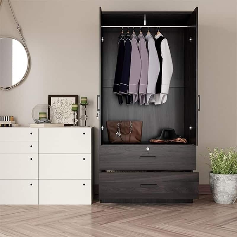 Wood Black Wardrobe Closet With 2 Doors And 2 Drawers ,Bedroom Freestanding Armoire Storage Cabinet With Shelves - Black