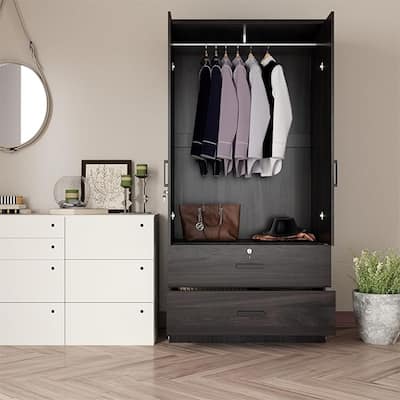 Wood Black Wardrobe Closet With 2 Doors And 2 Drawers ,Bedroom Freestanding Armoire Storage Cabinet With Shelves