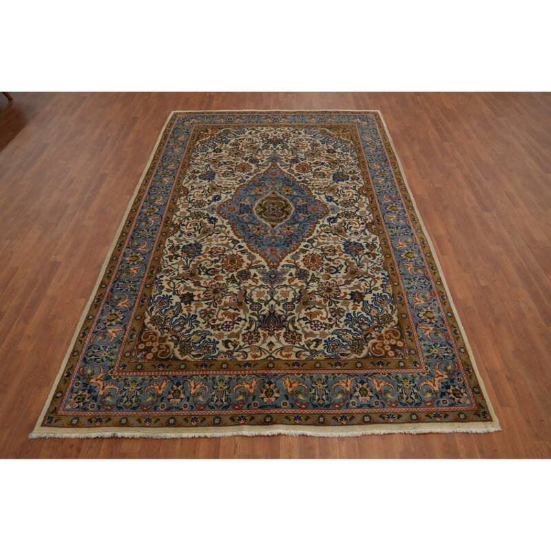 Hand Knotted Oriental 100% Wool Carpet Traditional Floral Beige & Ivories Kashan Area Rug - 10' 5'' X 6' 8''