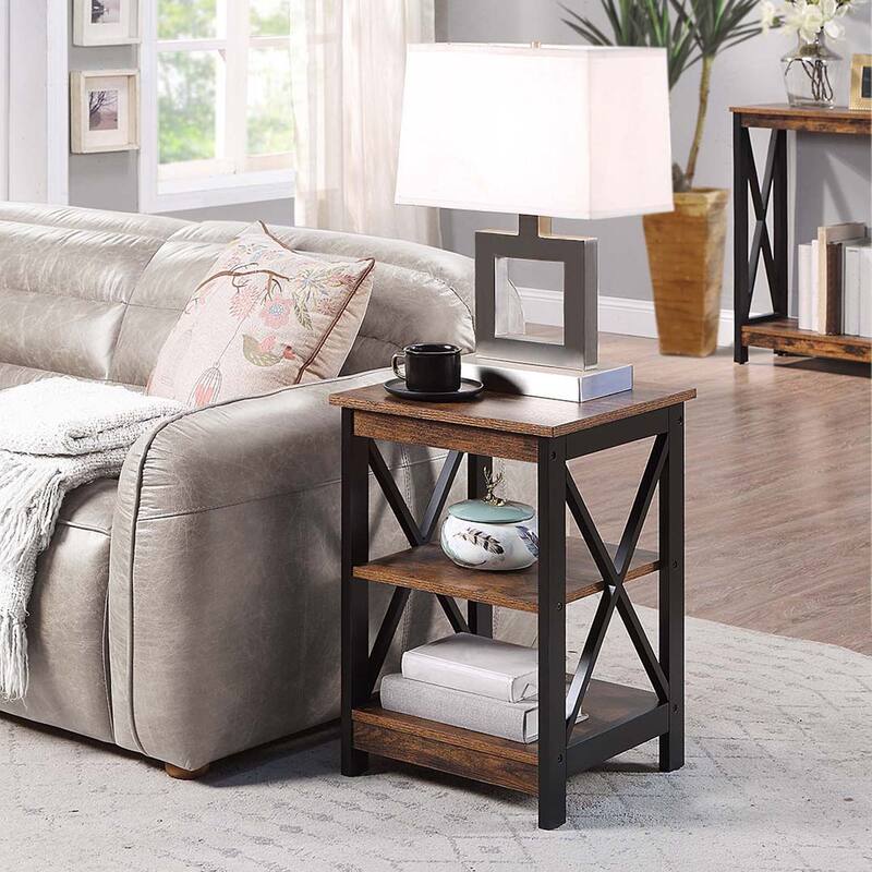 Copper Grove Cranesbill X-Base 3-Tier End Table with Shelves - Barnwood/Black