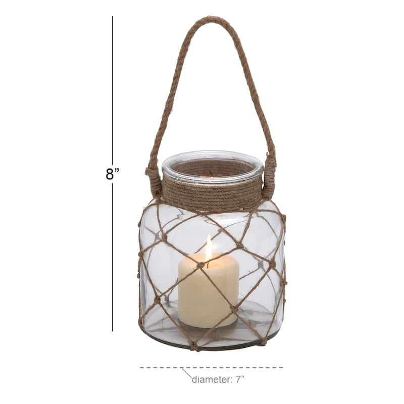 Glass Handmade Decorative Candle Lantern with Hanging Rope - Brown - Roche River Decor - 7"W x 7"L x 8"H