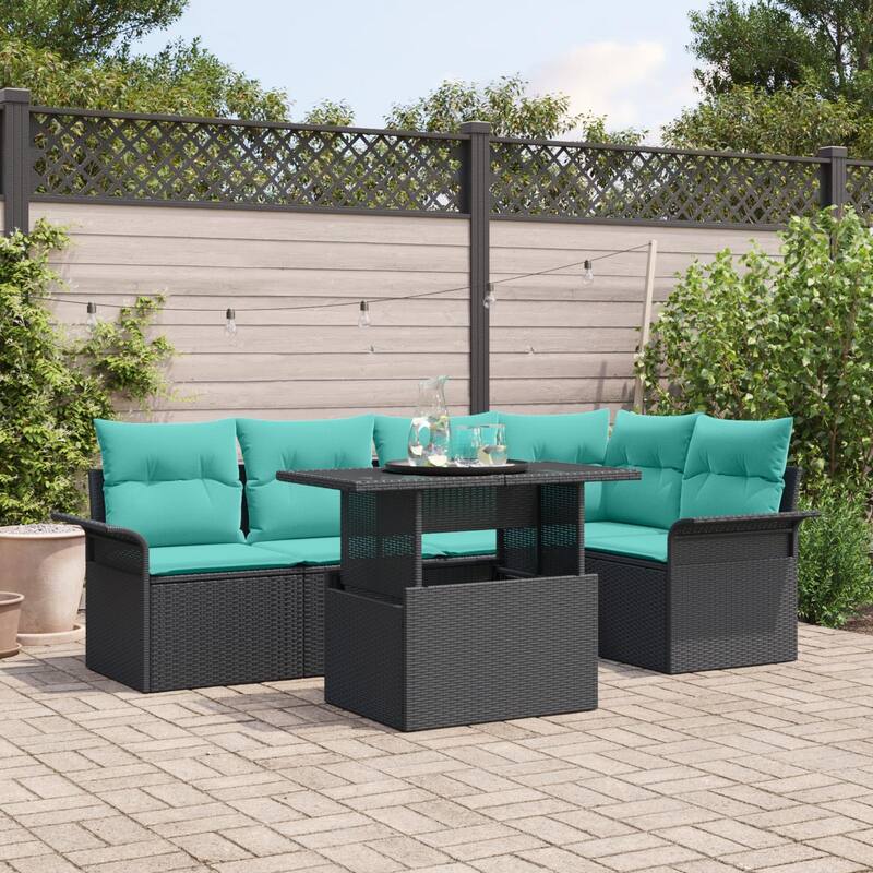 vidaXL 6 Garden Sofa Set with Cushions Black/Brown/Grey Poly Rattan - 95.5 x 52.2 x 27.2 - Black