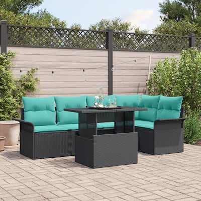vidaXL 6 Piece Garden Sofa Set with Cushions Black Poly Rattan - 95.5×52.2×27.2