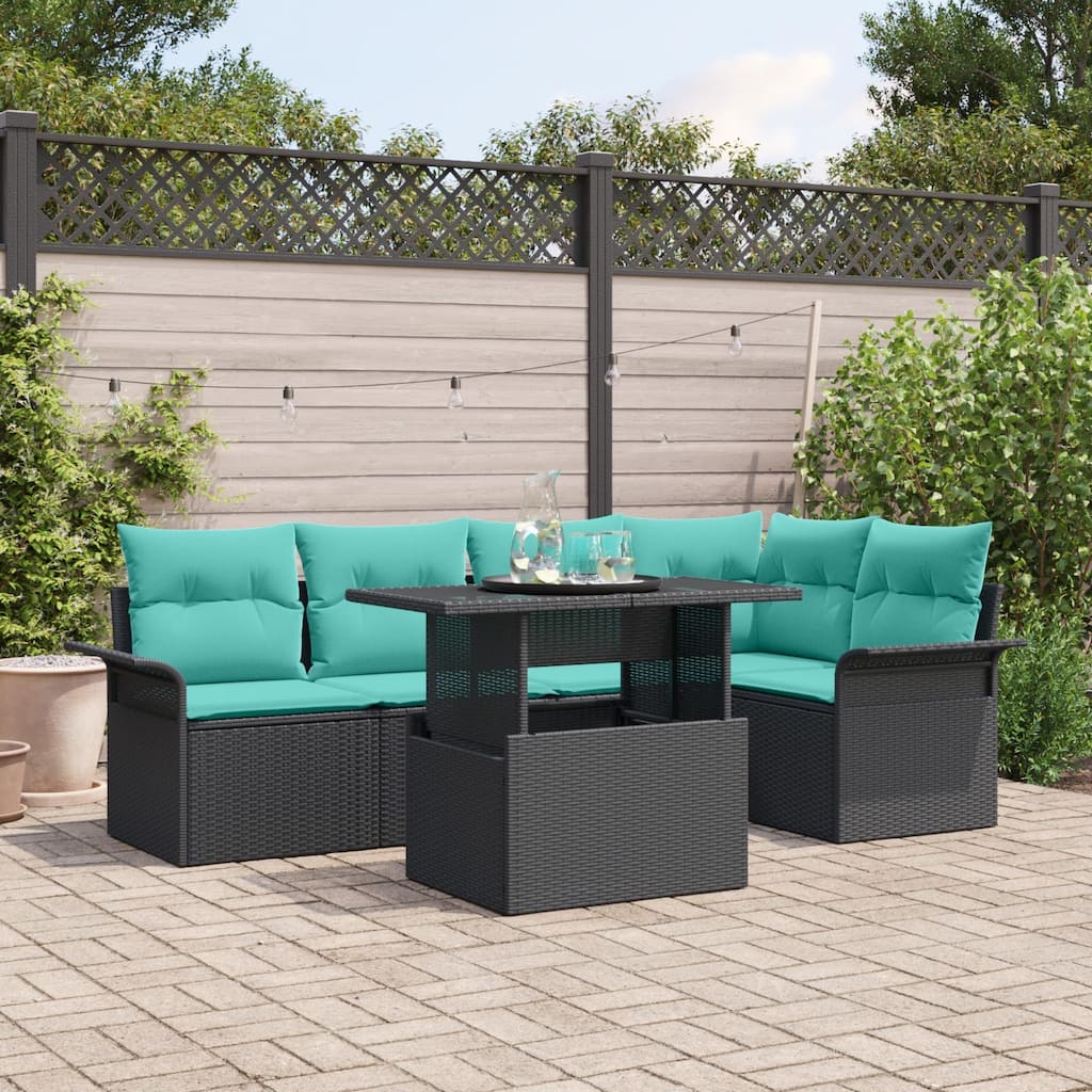 vidaXL 6 Piece Garden Sofa Set with Cushions Black Poly Rattan - 95.5×52.2×27.2