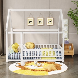 Full Size Wooden Floor Bed with House Roof Frame and Fence Guardrails ...