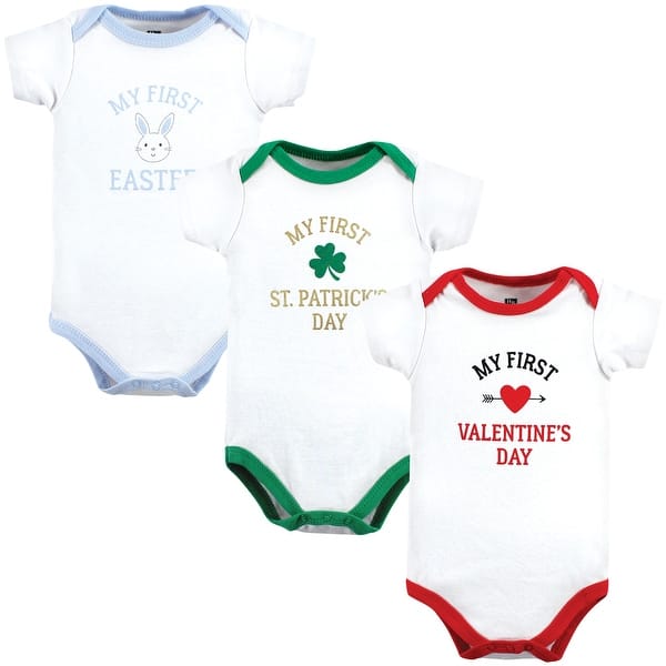 slide 1 of 1, Hudson Baby Infant Boy Cotton Bodysuits, Boy First Valentine Easter 0-3 Months - Boy First Valentine Easter