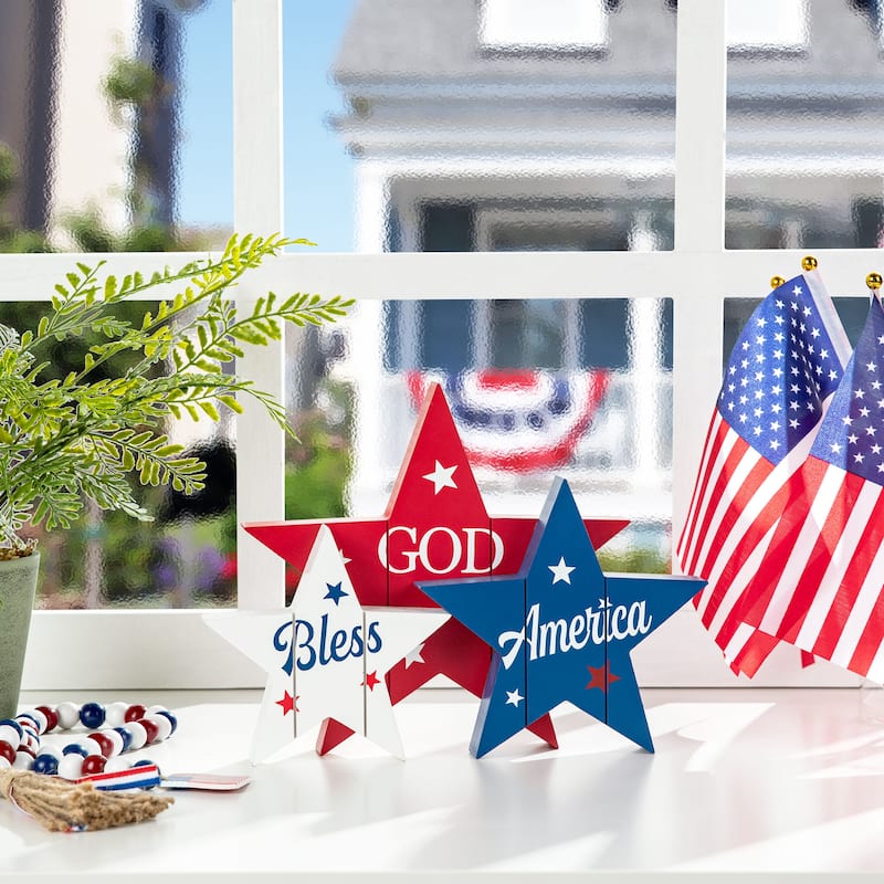 Glitzhome Wooden Patriotic/Americana Houses Stars Table Decor - Stars