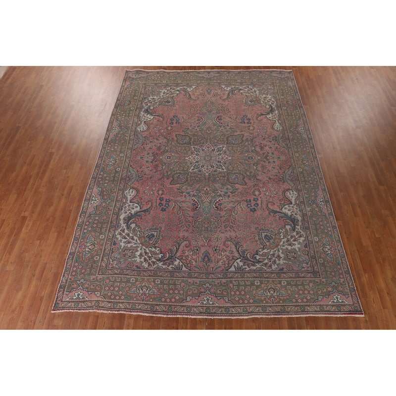 Pink Tabriz Persian Vintage Rug Hand-Knotted Wool Carpet - 9'7"x 12'11"