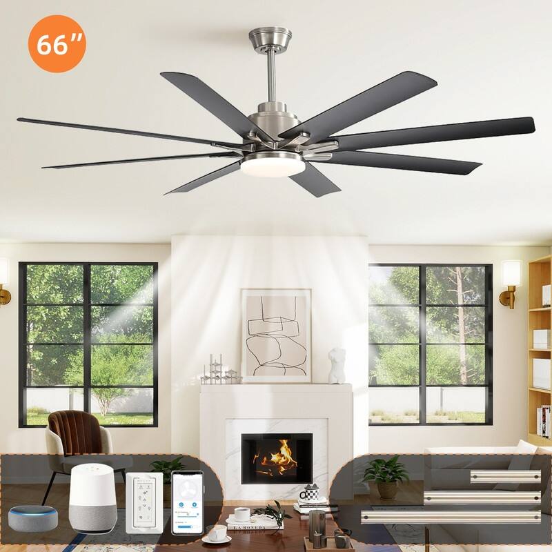 52/66 in. Modern Ceiling Fans with Dimmable 3-Color LED Light, Brushed Nickel Finish & Smart Voice Control - 66 Inch - Black
