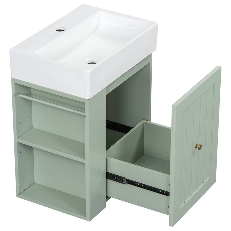 20" Bathroom Vanity with Ceramic Sink - Soft Close Door, Drawer & Side Shelf, Space-Saving MDF Cabinet for Small Bathrooms