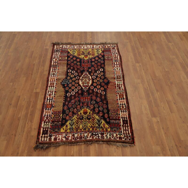 Hand Knotted Oriental 100% Wool Carpet Traditional Tribal Navy Blue & Blues Shiraz Area Rug - 6' 1'' X 3' 8''