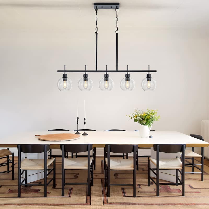Starsky 5-Light Modern Linear Kitchen Island Pendant with Seeded Glass Globes, Adjustable Height, Black or Gold