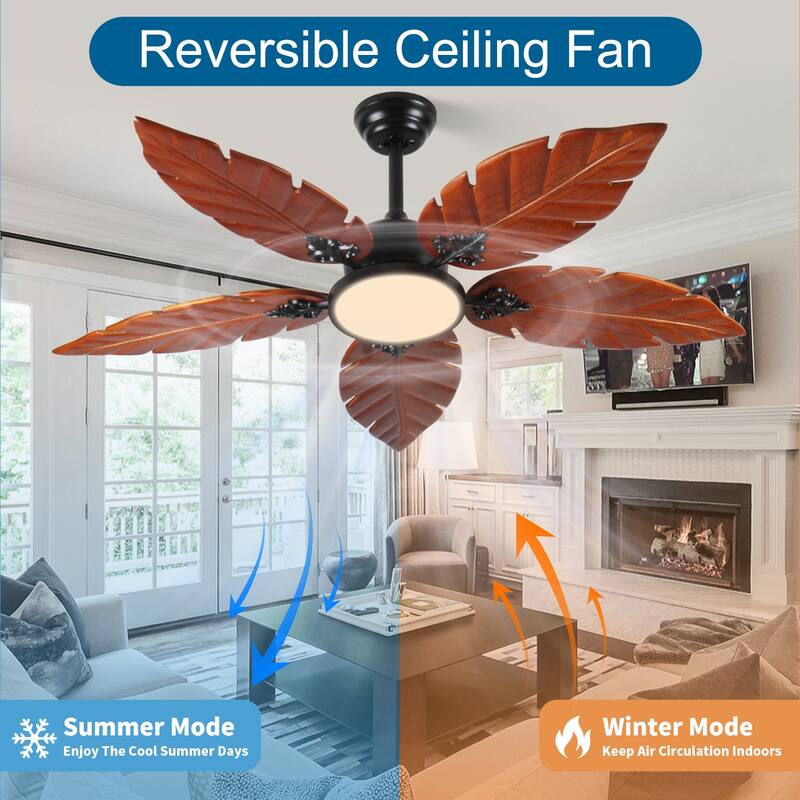 52 Inch Tropical Ceiling Fan with Light, Palm Leaf Indoor/Outdoor Ceiling Fan for Patio and Living Room, Reversible Fan