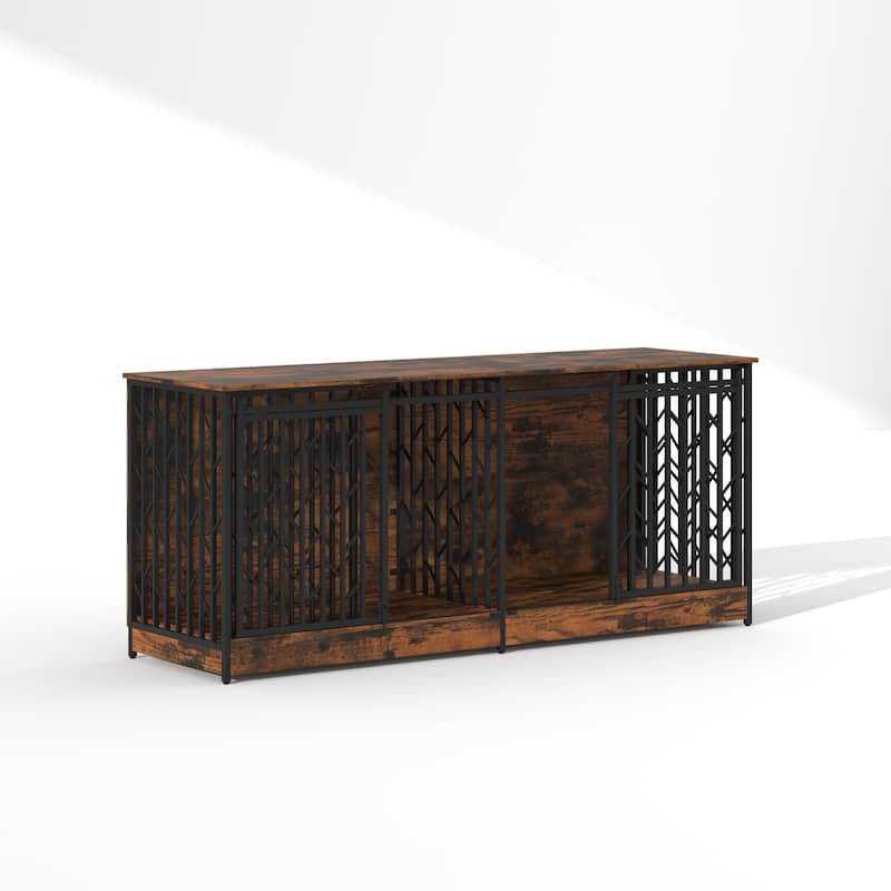 Large Double Dog Crate Furniture for Medium and Large Dogs, Rustic Industrial Dog Kennel End Table
