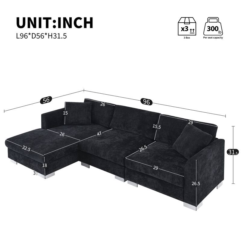 L-Shaped Sectional Sofa with Chaise Lounge, Oversized Chenille Upholstered Sofa, 4 Seater Sofa with 2 Throw Pillows - Black