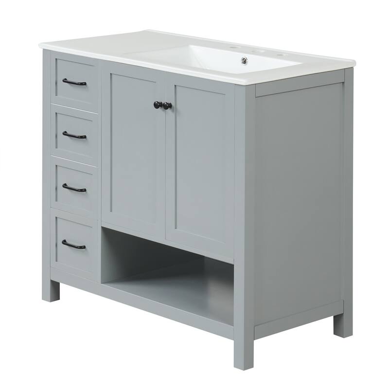 36" Freestanding Bathroom Vanity with Ceramic Sink, 2 Doors and 2 Drawers, Modern Grey Finish,8" Faucet Mount