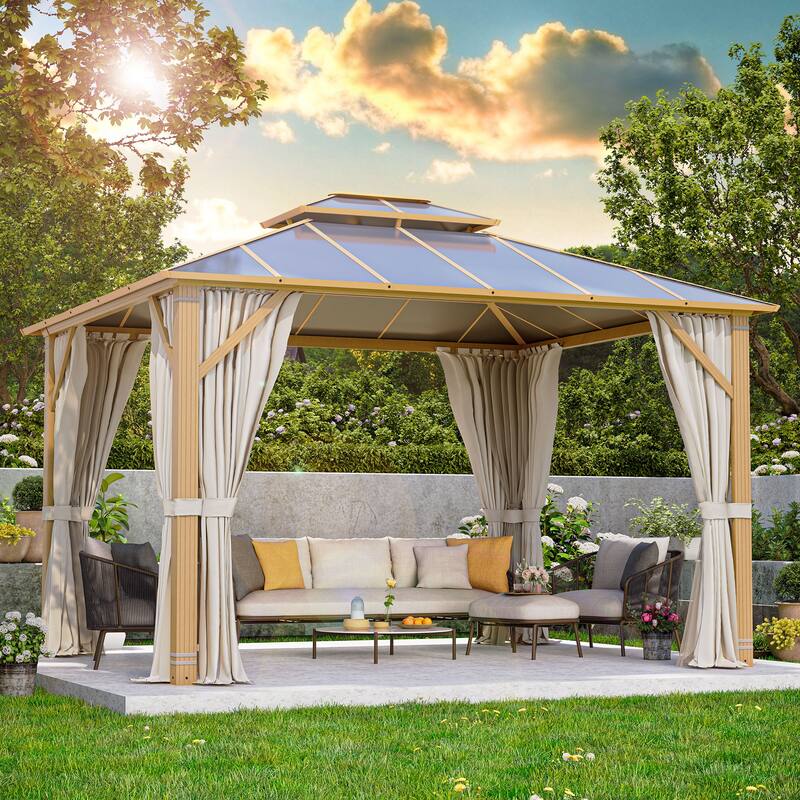 Aluminum Hardtop Gazebo for Patio, Outdoor Waterproof Pavilion with Netting and Curtains, Weather-Resistant Canopy for Backyard.