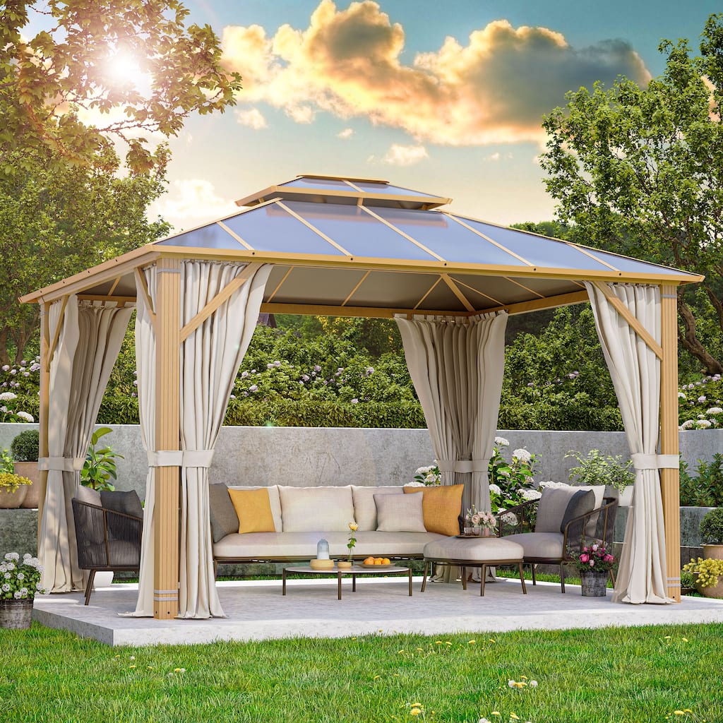 Aluminum Hardtop Gazebo for Patio, Outdoor Waterproof Pavilion with Netting and Curtains, Weather-Resistant Canopy for Backyard.