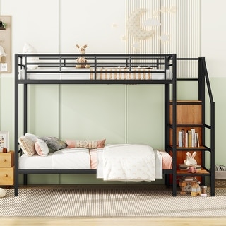 Metal Bunk Bed with Guardrail, Kids Bed Frame with Lateral Storage Ladder and Wardrobe