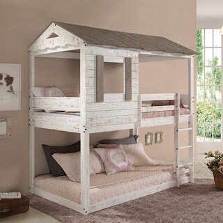 Rustic Twin Over Twin Bunk Bed with Built-in Ladder ,Guardrails