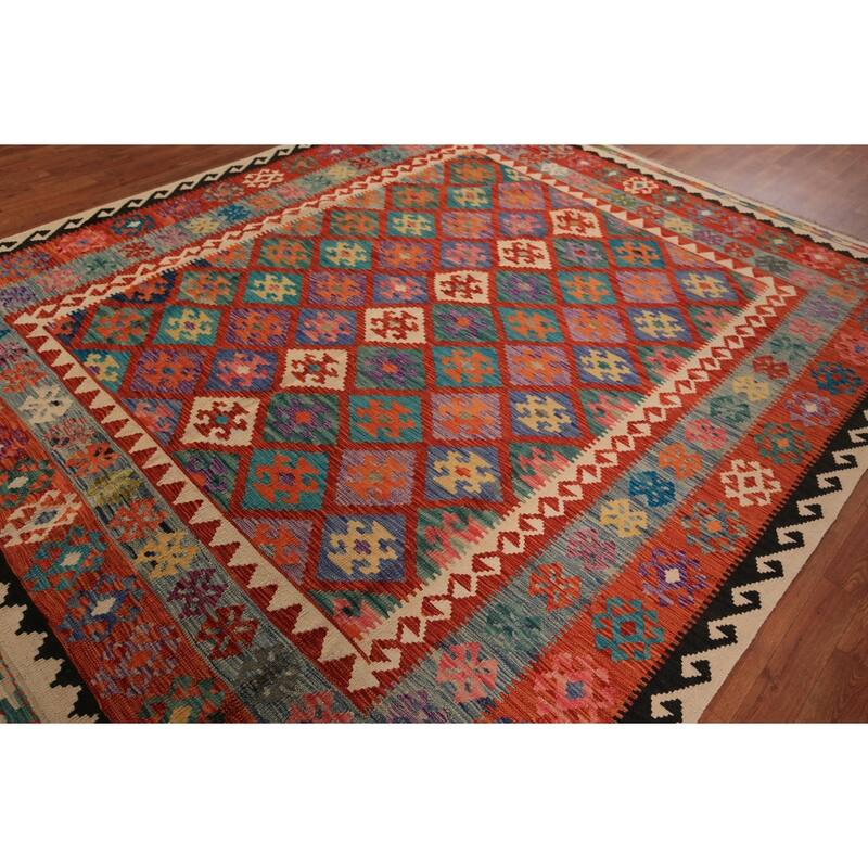 Kilim Oriental Area Rug Hand-Woven Orange Wool Carpet - 8'1" x 9'10"