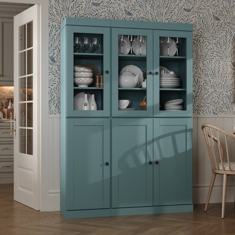 Palace Imports 100% Solid Wood 48.5" Pantry Cabinet with Clear Glass, Shaker Doors and Adjustable Shelves - Aqua Blue
