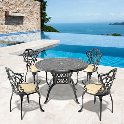 5-Piece Outdoor Dining Set for 4, 39.37" Cast Aluminum Round Patio Table and Chairs, Black