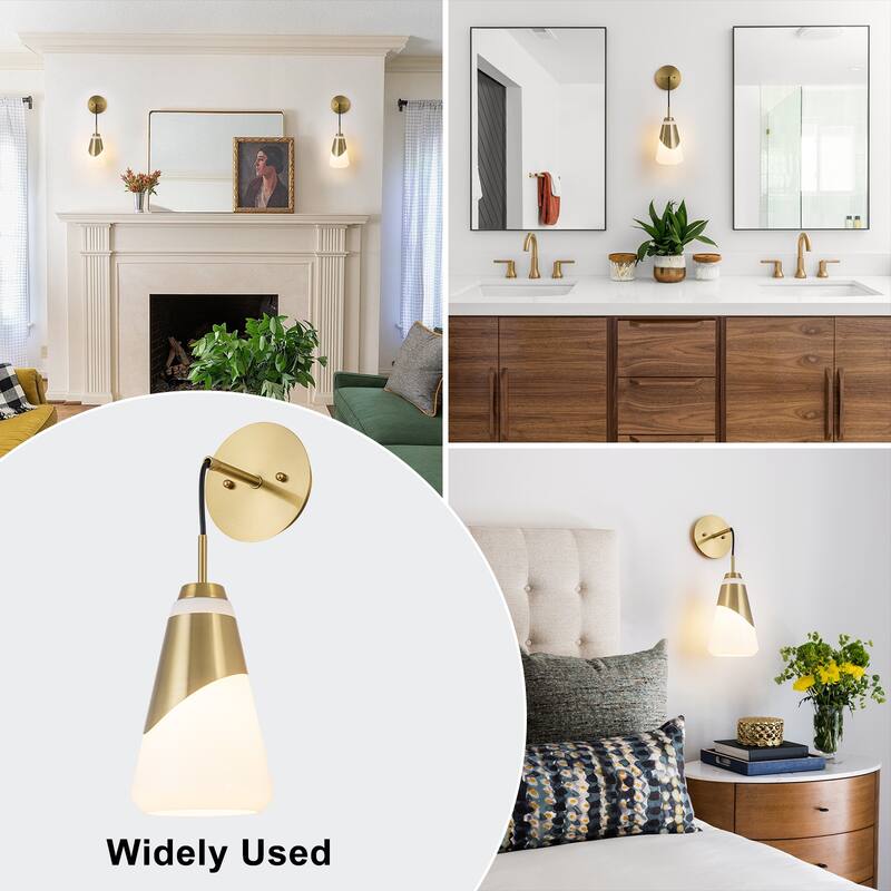 1-Light Brushed Gold Swing Arm Wall Sconce Cone Opal Glass Modern