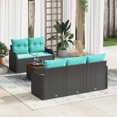 vidaXL 6 Garden Sofa Set with Cushions Black Poly Rattan - 69.3 x 24.4 x 27.2