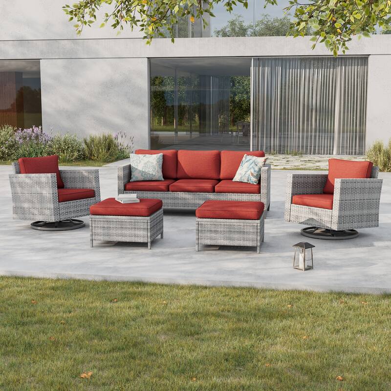 BONOSUKI 5Pcs Patio Furniture Swivel Rocking Sofa Set Grey Rattan - Rust Red