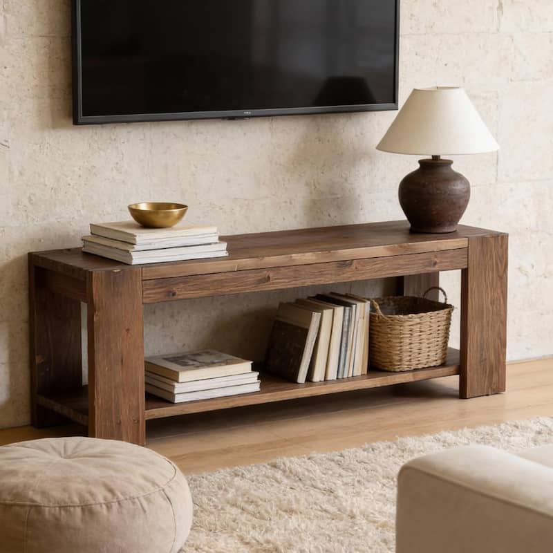 Solid Wood TV Stand, 2-Tier Wooden TV Console Media Stand, Entertainment Center with Open Storage Shelf for Living Room, Bedroom - Brown