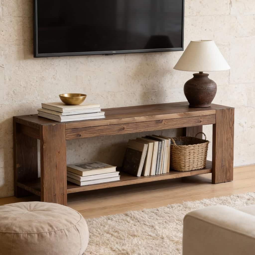 Solid Wood TV Stand, 2-Tier Wooden TV Console Media Stand, Entertainment Center with Open Storage Shelf for Living Room, Bedroom