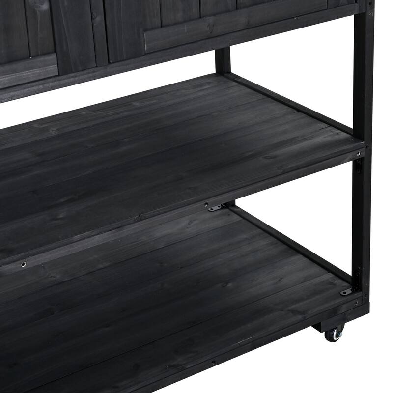 Solid Wood 62.3'' Patio Kitchen Island Kitchen Cart with Stainless Table Top, Garden Potting Bench with Raised Shelf and Drawers