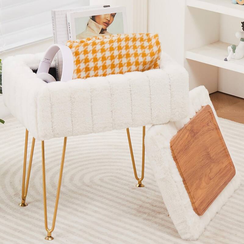 Faux Mink Fur Ottoman with Metal Legs for Seating and Decor - White
