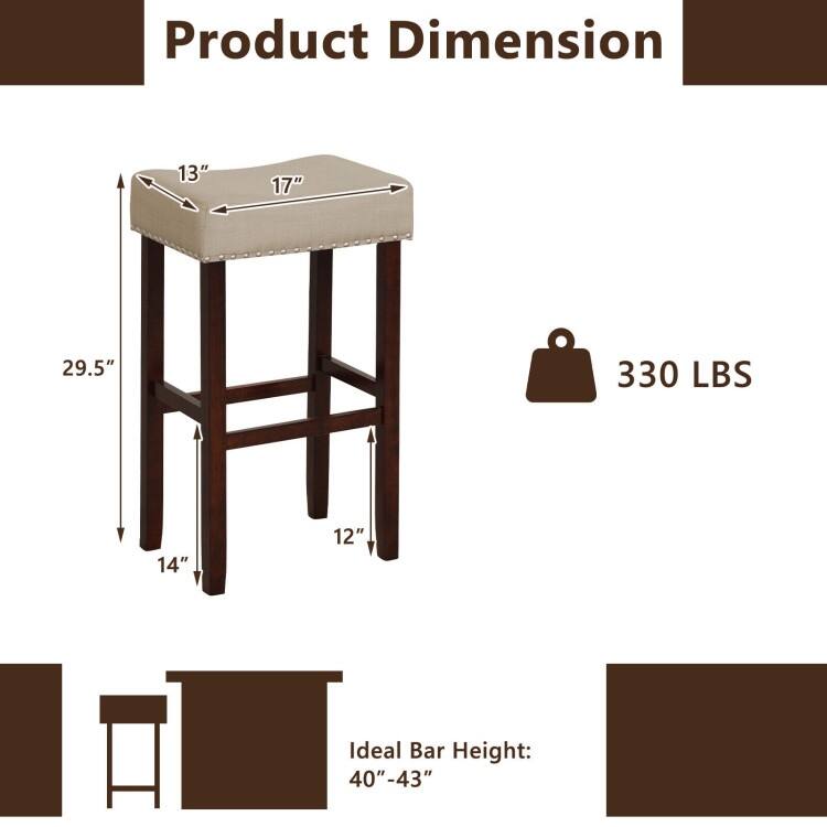 2 Set of 29 Inch Height Upholstered Bar Stool with Solid Rubber Wood Legs and Footrest - 17" x 13" x 29.5" (L x W x H)