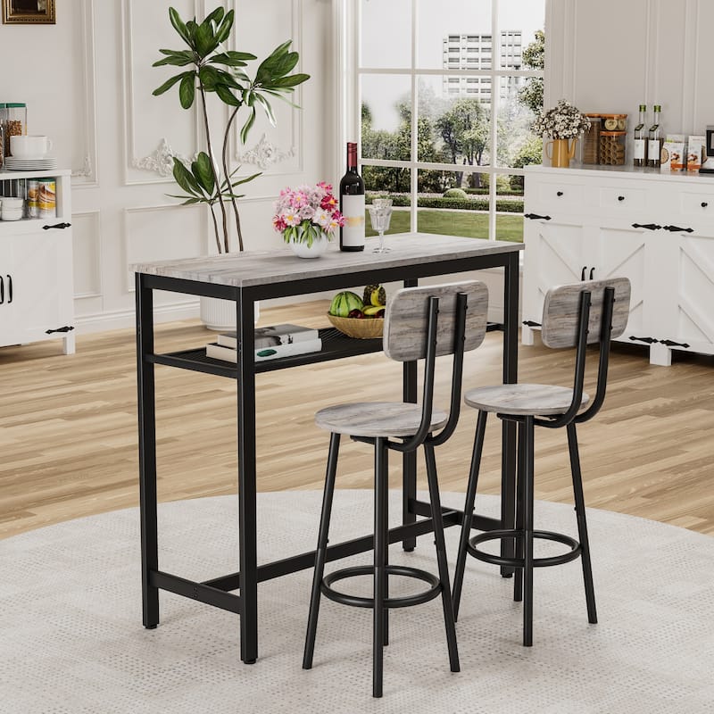 3-Piece Counter Height Table Set with 2 Foldable Stools, Grey Bar Table Set Kitchen Bistro Set with Storage Shelf