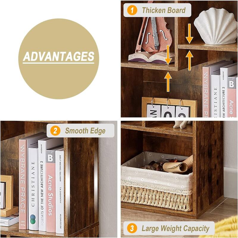 VECELO Wood Organizer Bookcase,Fits Tallest Hardcovers, Customized Storage Display Shelf, Free Standing for Living Room, Bedroom