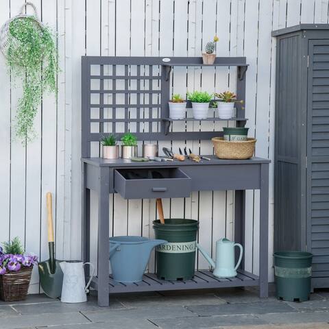 Outsunny Potting Bench Table, Garden Work Bench, Wooden Workstation with Tiers of Shelves and Drawer for Patio, Courtyards