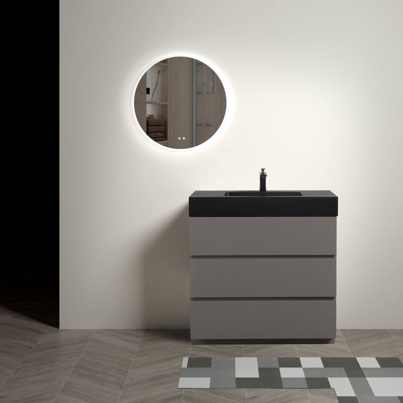 GDFStudio - Alice Walnut Freestanding Bathroom Vanity with One-Piece Matte Black Sink, Modern Handle-Free Design, Pre-Assembled