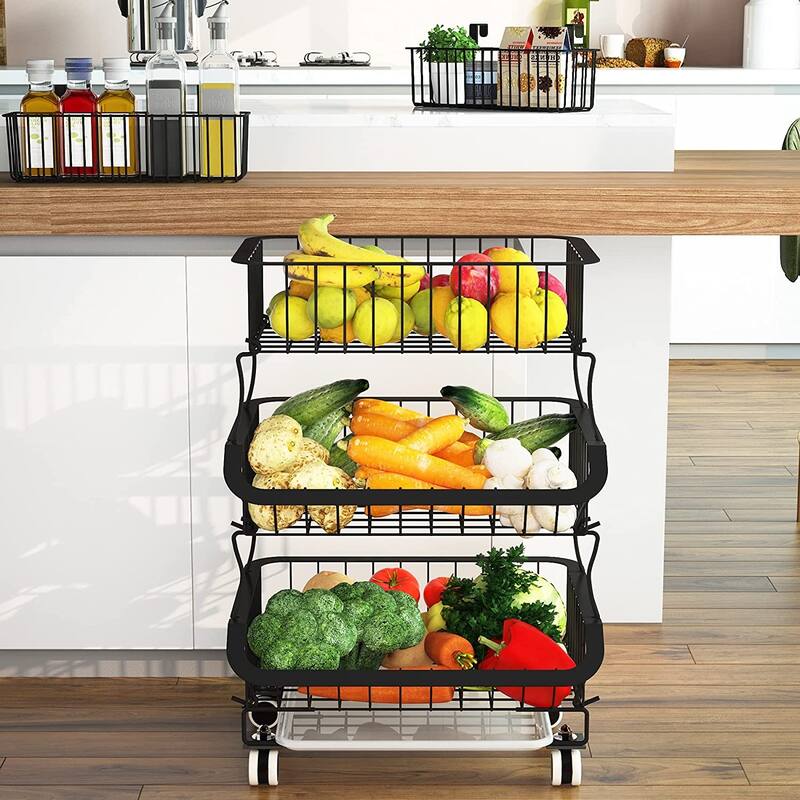 3 Tier Stackable Metal Wire Fruit Basket Cart for Kitchen, Pantry - 3-Tier - Black