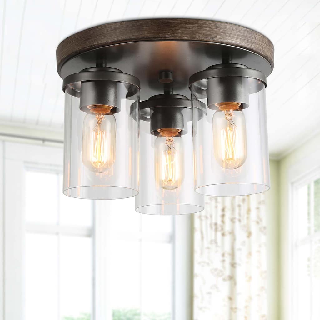 Farmhouse 3-Light Faux Wood Metal Flush Mounts Rustic Foyer Ceiling Lighting - D11.8" x H8.3"