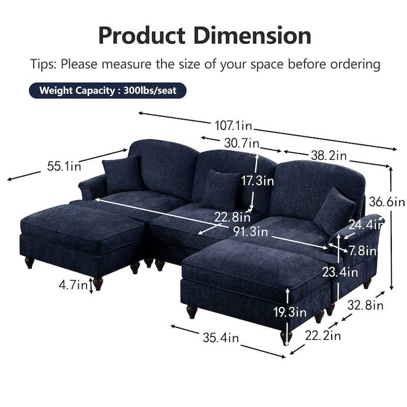 GDFStudio - Classic Modular U-Shaped Chenille 107" Sectional Sofa with Ottomans