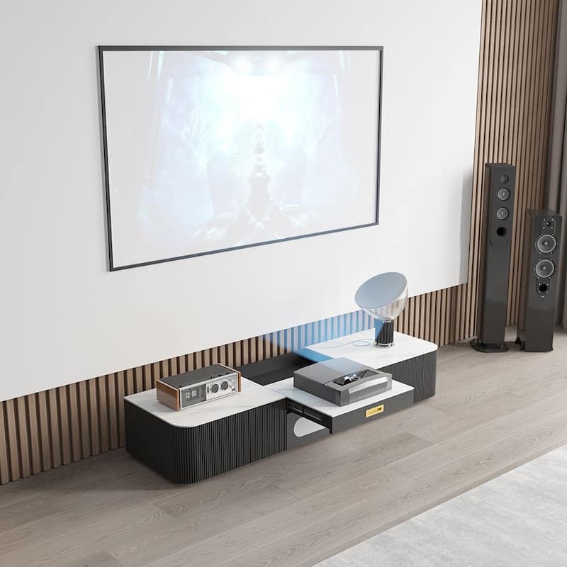 Modern TV Stand for Projector, Sintered Stone TV Cabinet with Drawers for Home Theater, Oak Veneer MDF, Black & White - 63" - White
