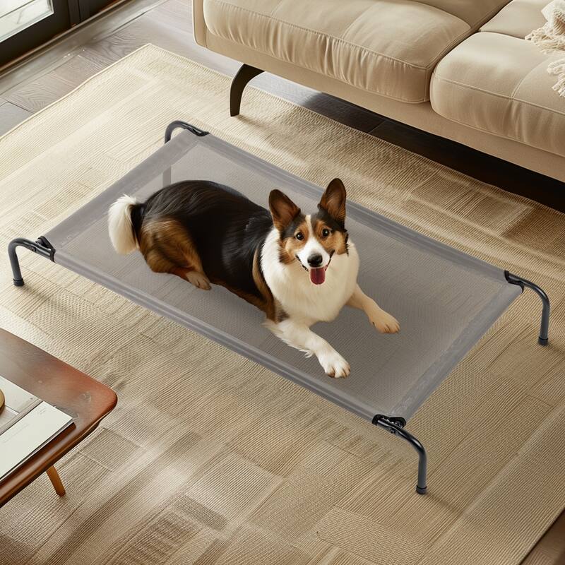 Grey Large Elevated Dog Bed with Powder Coated Steel Frame Perfect for Indoor and Outdoor