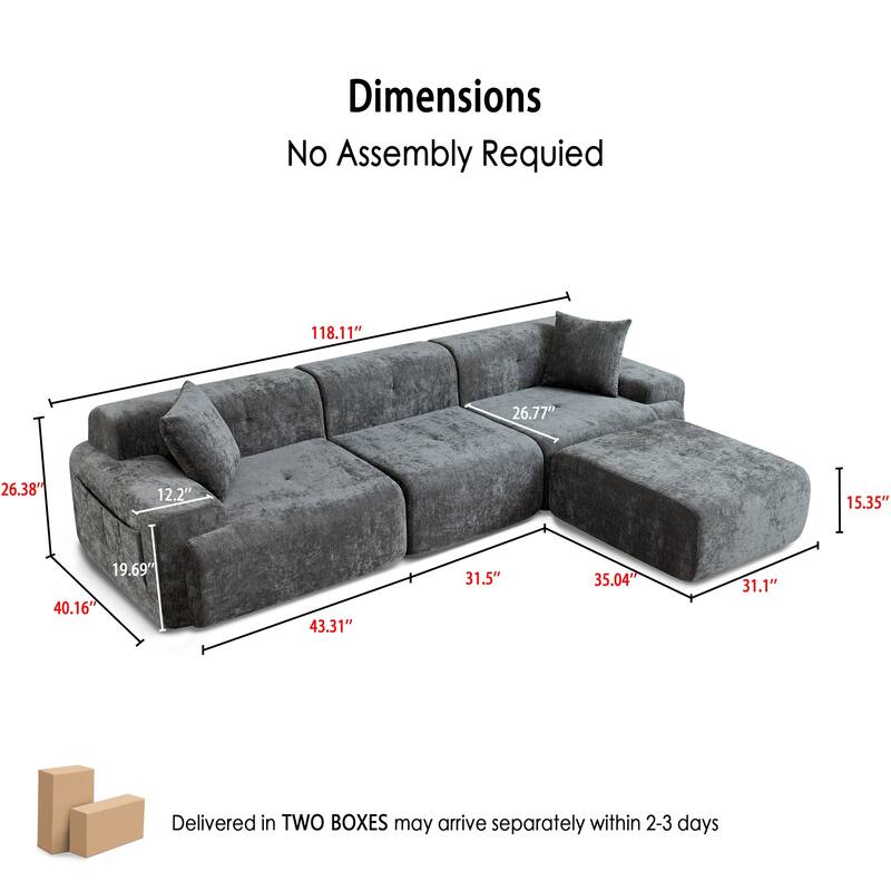 118 inch Oversized 3 Seater L-Shaped Chenille Boneless Modular Sectional Sofa Couch with Movable Ottoman