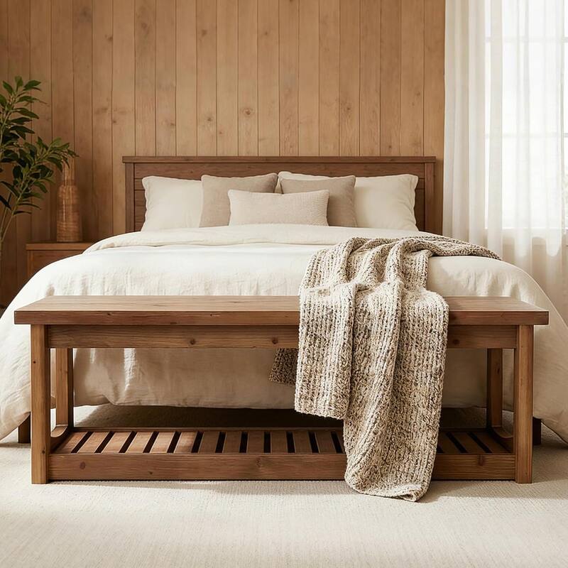 63" Entryway Bench with Storage Shoe Organizer, End of Bed Bench - Brown